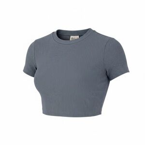 Mood Women’s XL Blue Gray Ribbed Fitted Crop Top Short Sleeve Casual Baby Tee